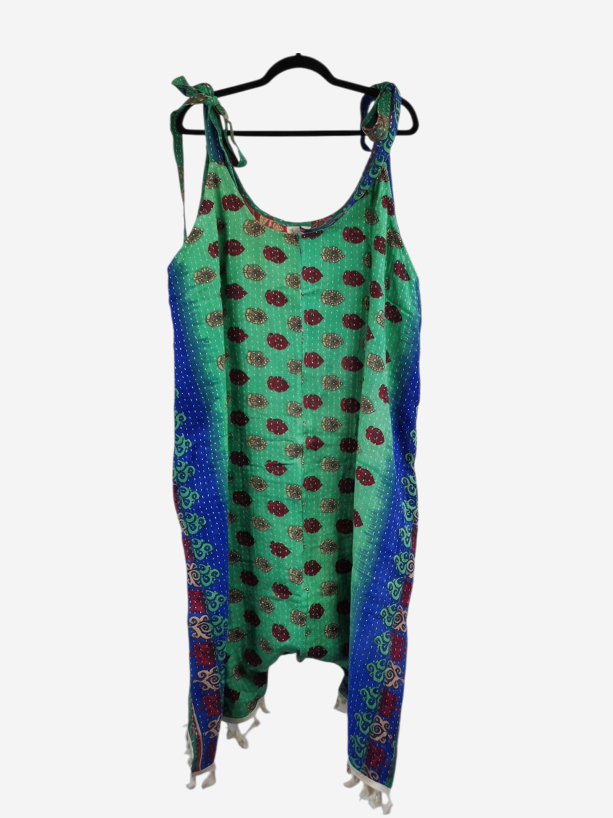 She Lives Beauty bohemian harem jumpsuit in green and blue vintage kantha cotton with floral patterns and tie straps
