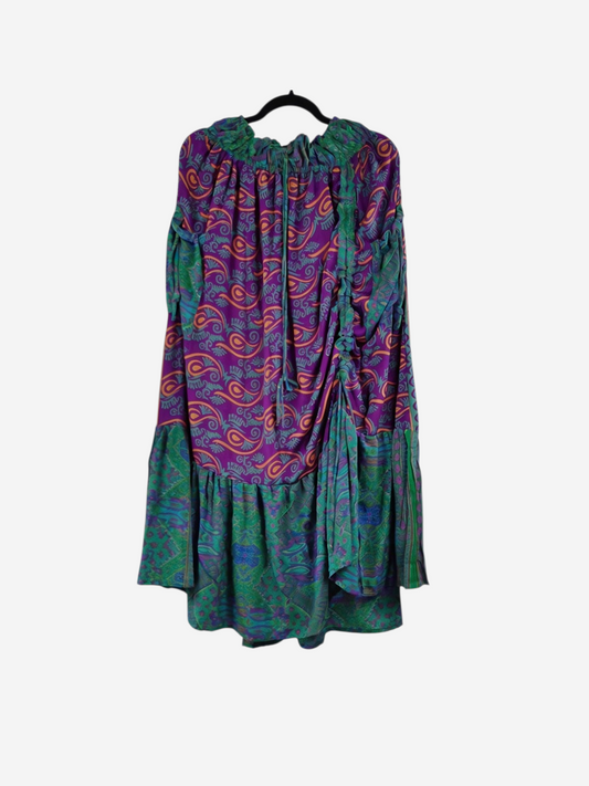She Lives Beauty Sienna Moon cargo silk skirt in purple and green with bohemian paisley patterns and cargo pockets.