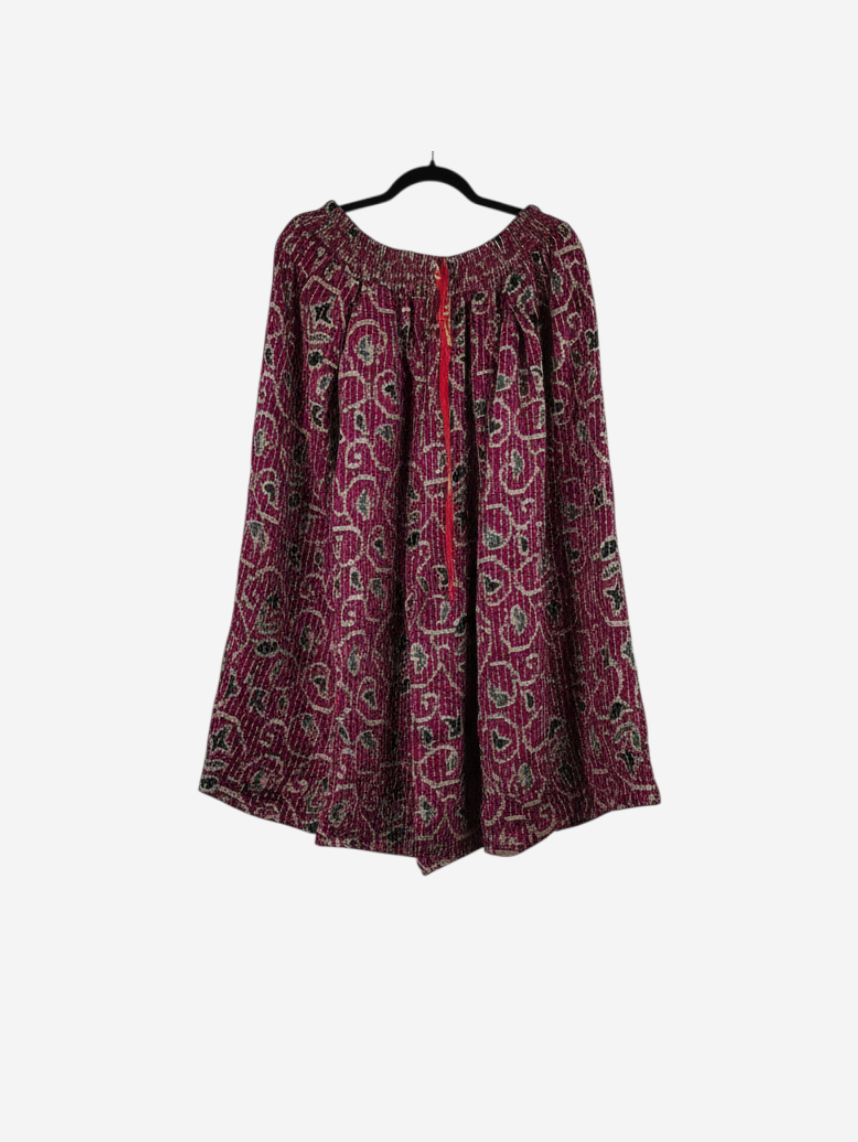 She Lives Beauty Pachuco Kantha capri pants in deep magenta vintage cotton with intricate white and black patterns.