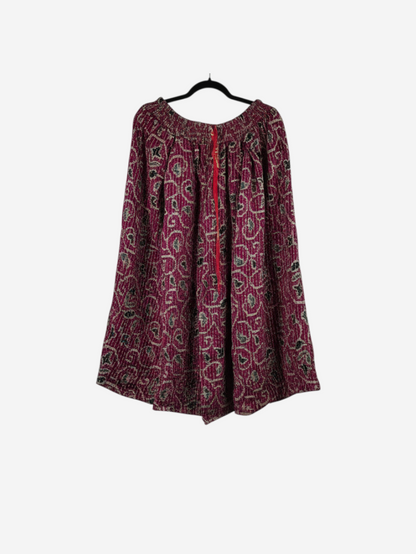 She Lives Beauty Pachuco Kantha capri pants in deep magenta vintage cotton with intricate white and black patterns.