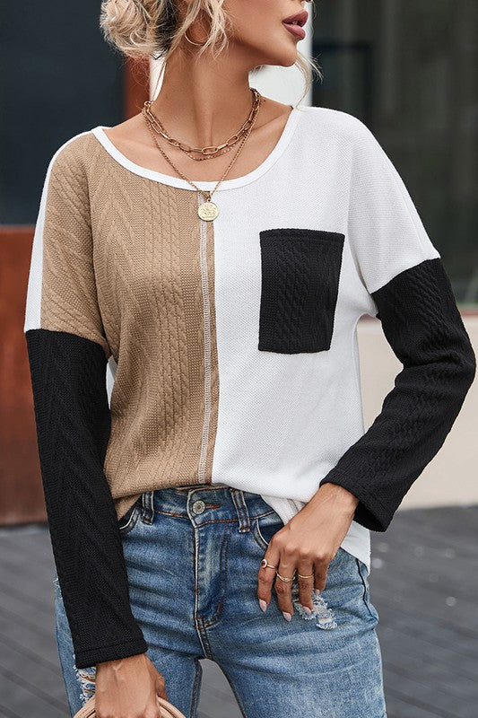Beautiful Casual Long Sleeve Color Block Pocket Knit Top (2 Options)