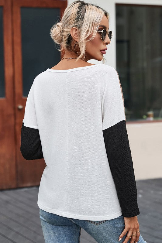 Beautiful Casual Long Sleeve Color Block Pocket Knit Top (2 Options)