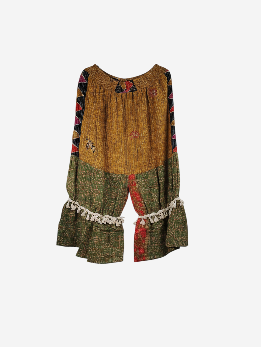 She Lives Beauty Heritage Whisper Kantha bloomers in mustard and green vintage cotton with tassel trim and stitching.