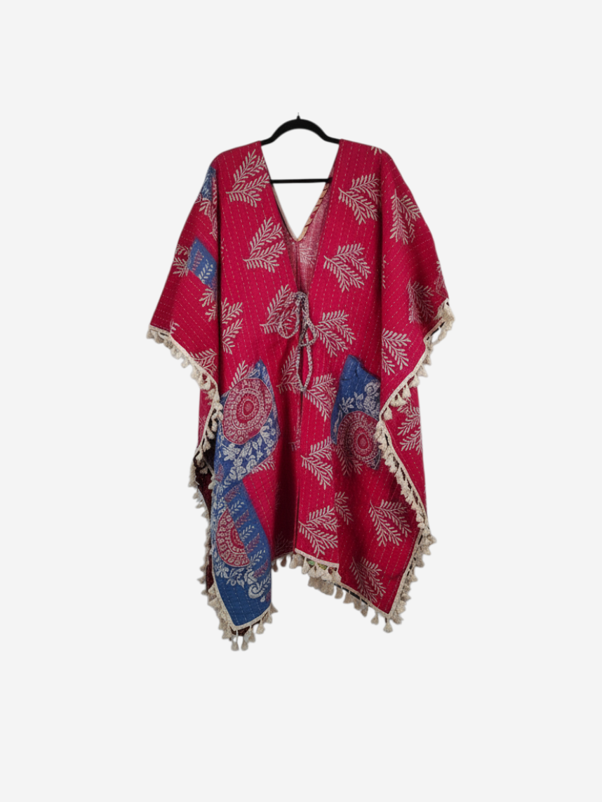 She Lives Beauty reversible red and blue vintage cotton kantha kimono with fringe trim and front tie closure.