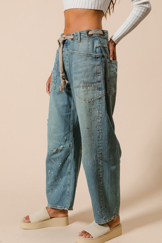 Braided Waist Belt Washed Denim Pants