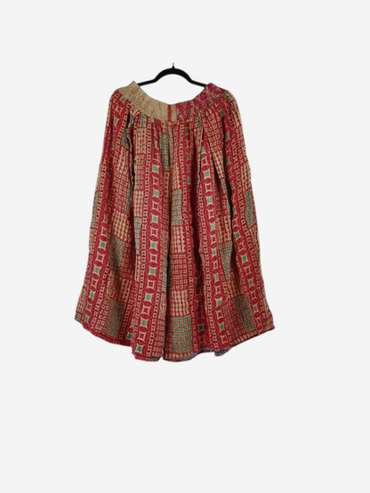 She Lives Beauty Pachuco Kantha capri pants in red vintage cotton with geometric patterns and pleated silhouette