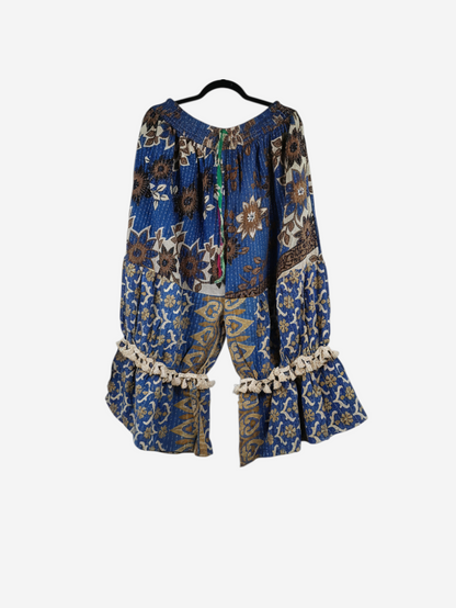 She Lives Beauty Heritage Whisper Kantha bloomers in blue vintage cotton sari fabric with traditional hand stitching.