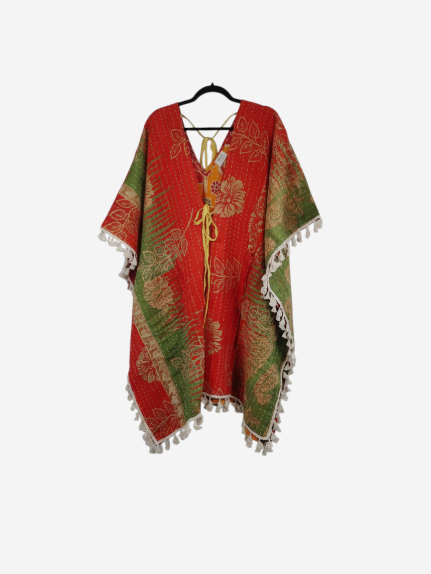She Lives Beauty reversible long sleeve Willow fringe kimono made from vintage red and green kantha cotton sari fabric