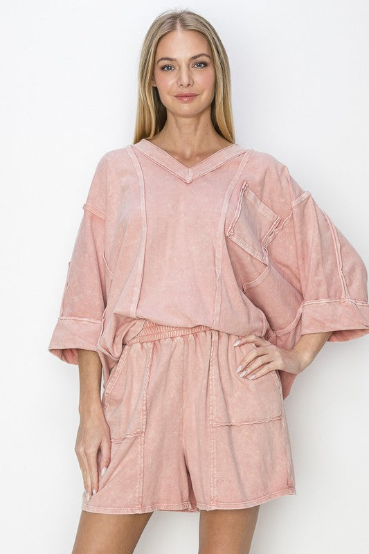 Mineral Wash Raw Detailed V-Neck Top (2 Options)
