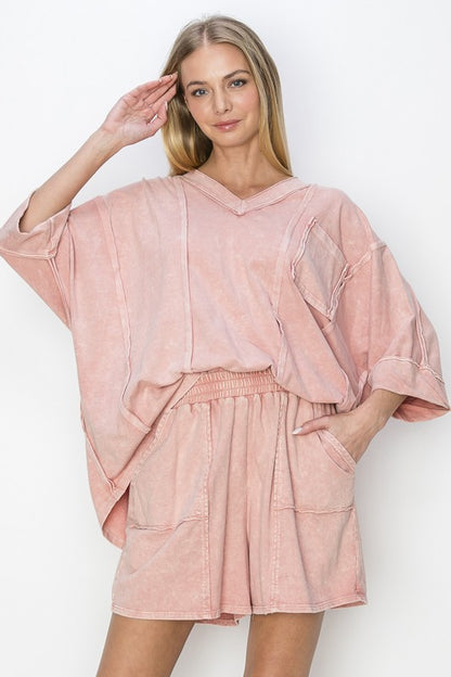 Mineral Wash Raw Detailed V-Neck Top (2 Options)