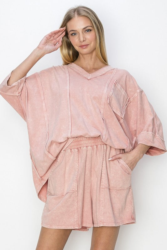 Mineral Wash Raw Detailed V-Neck Top (2 Options)