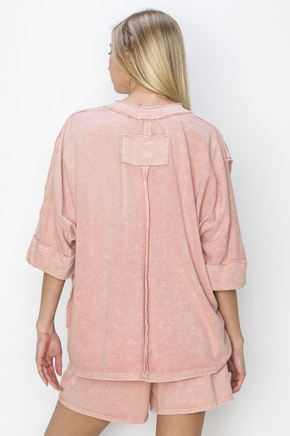 Mineral Wash Raw Detailed V-Neck Top (2 Options)