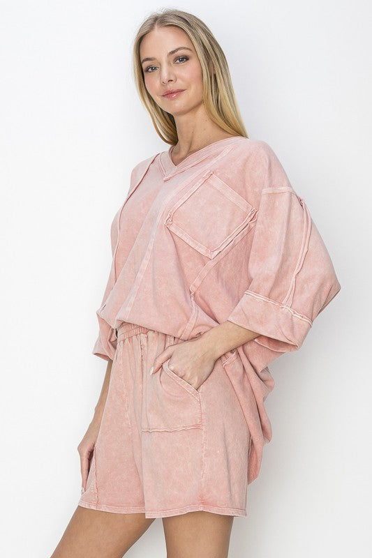 Mineral Wash Raw Detailed V-Neck Top (2 Options)