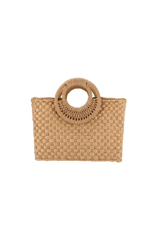 Circle Handle Square Straw Braided Bag