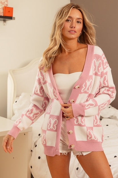 Butterfly V-Check Sweater Cardigan
