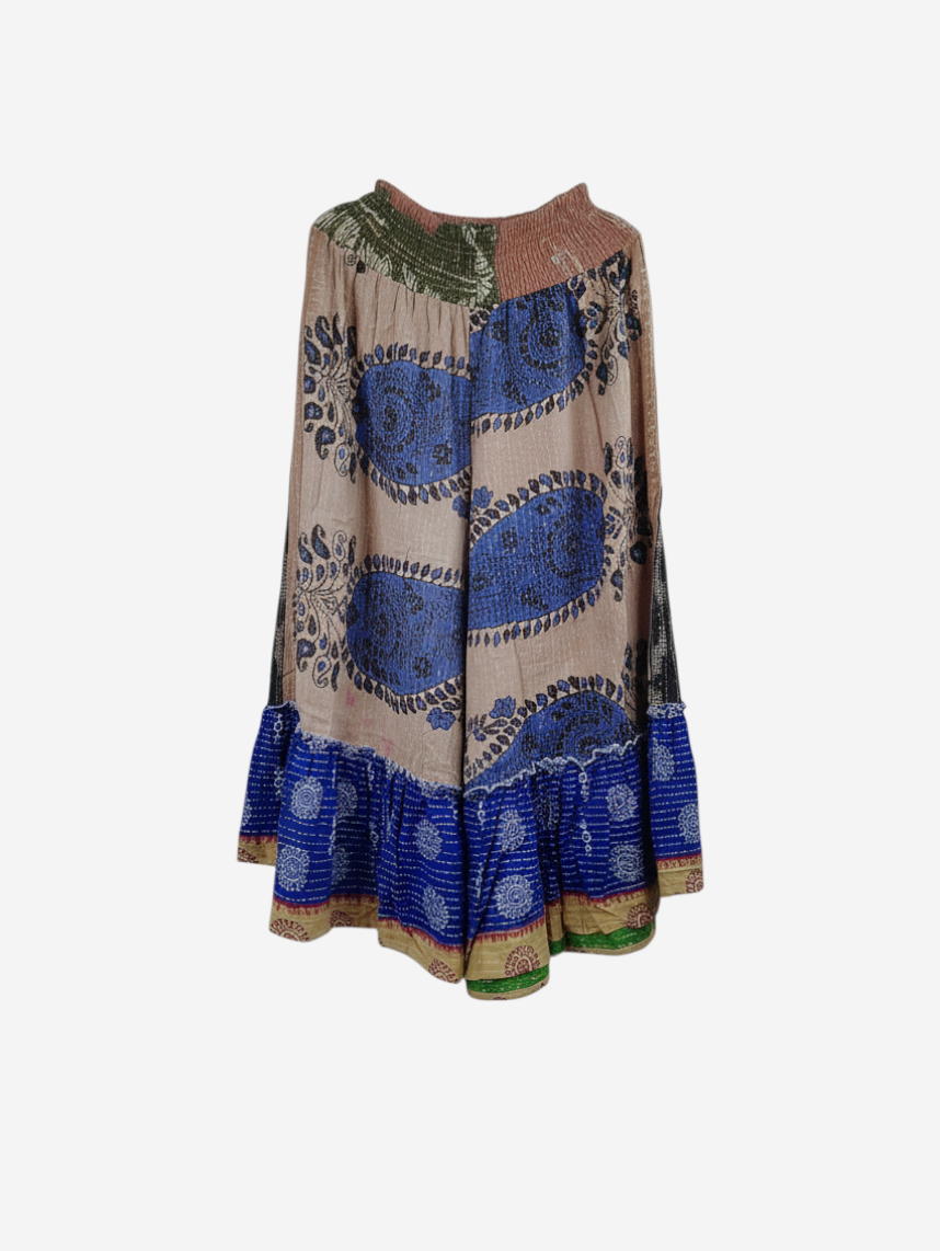 She Lives Beauty Anything for Selenas pants in vintage kantha cotton with blue paisley prints and a ruffled hem.