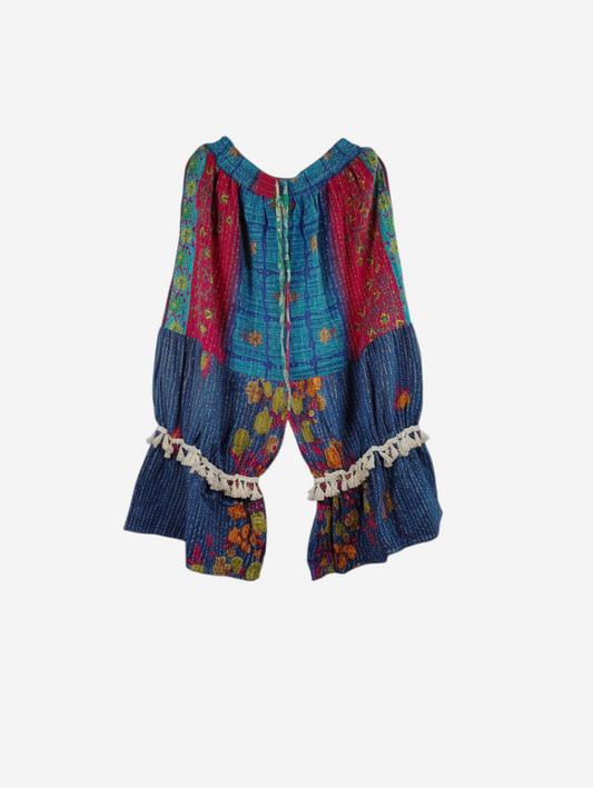 She Lives Beauty Heritage Whisper Kantha bloomers in multicolored vintage cotton sari fabric with tassel trim.
