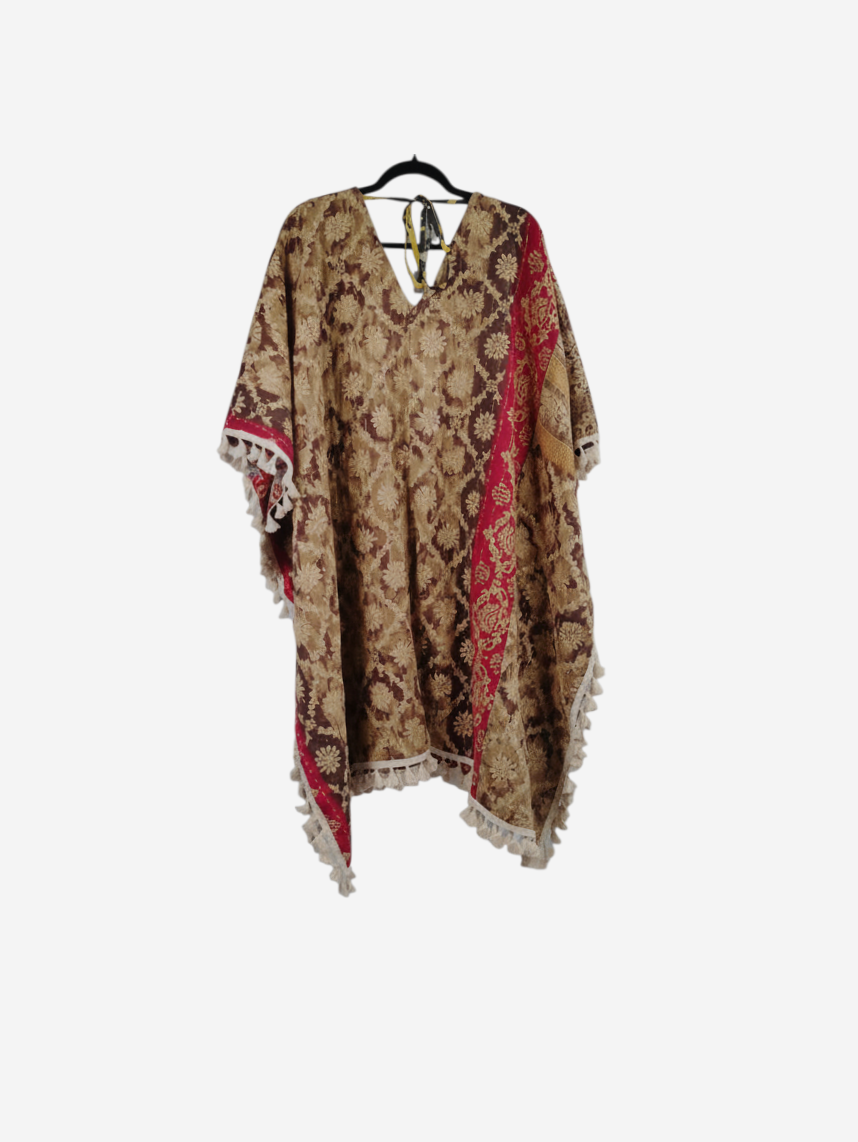 She Lives Beauty reversible long sleeve Willow kimono in brown and red vintage kantha cotton with fringe trim.