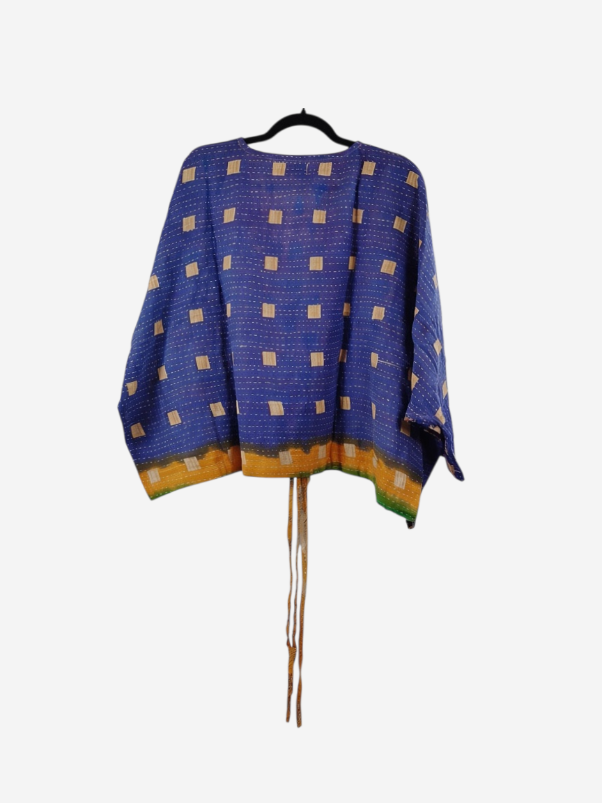 She Lives Beauty Sunrise Hana butterfly top in blue vintage cotton with tan square patterns and kantha stitching.