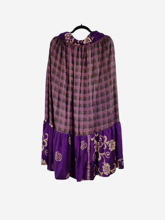 She Lives Beauty Sienna Moon cargo silk skirt in purple with vintage rasgulla floral and plaid patterns.