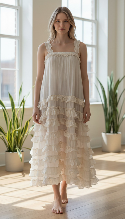 TD2700 Long Dress w. Elastic Ruffle Strap & Ruffled Layers