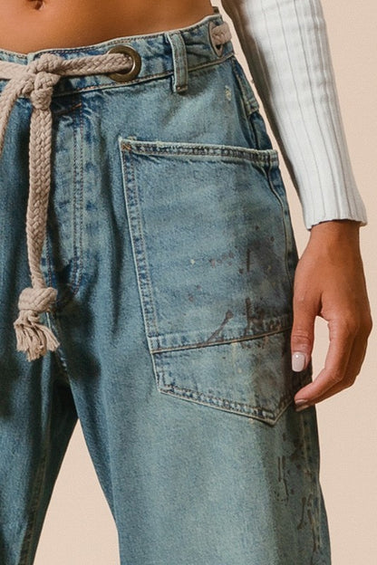 Braided Waist Belt Washed Denim Pants