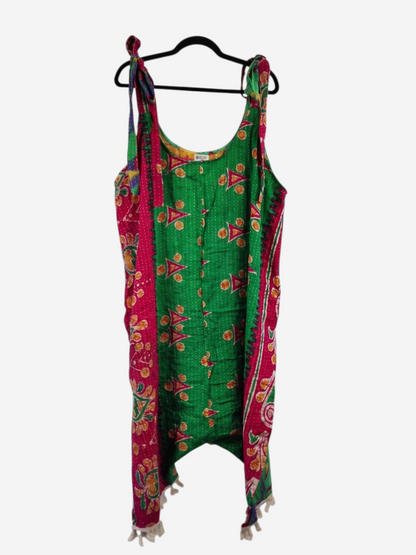 She Lives Beauty bohemian harem jumpsuit in green and pink vintage kantha cotton with capri-length legs.