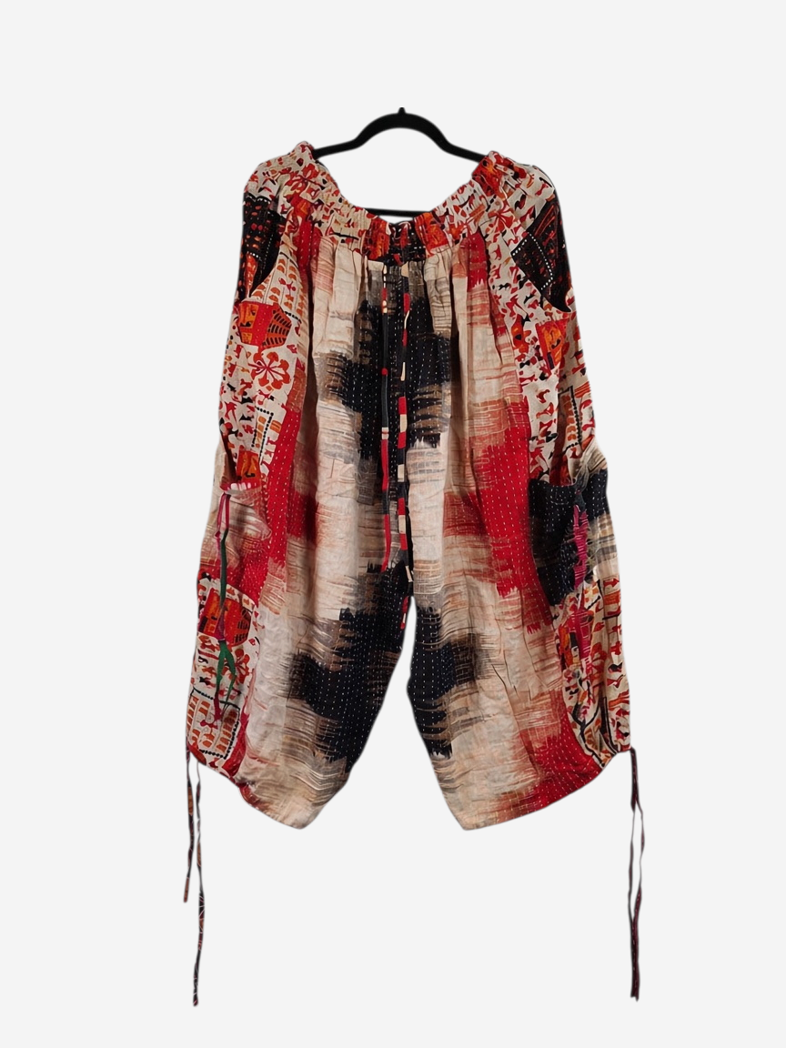 She Lives Beauty vintage cotton kantha cargo capri joggers with colorful bohemian patterns and utility pockets.