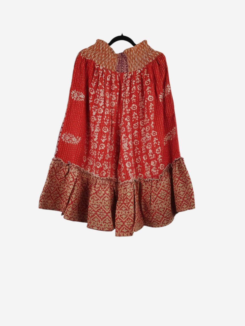 She Lives Beauty Anything for Selenas Bloomers in red vintage kantha cotton with an oversized ruffle hem