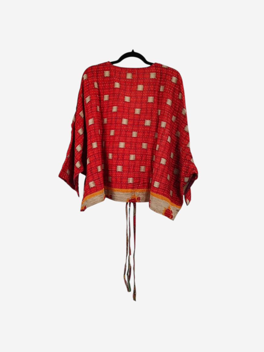 She Lives Beauty Sunrise Hana butterfly top in red vintage kantha cotton with square patterns and tie waist detail.