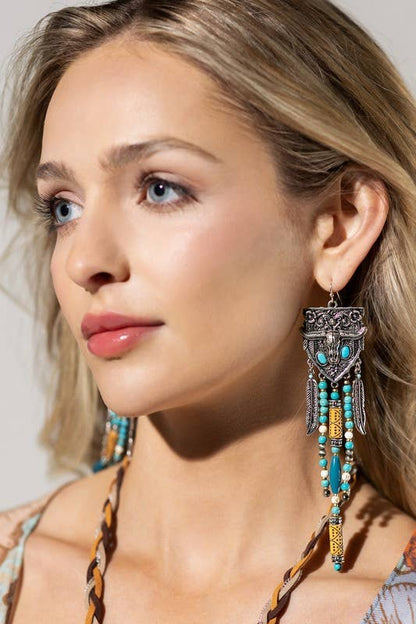 Western multi-Stone Steer Head Fringe Earrings