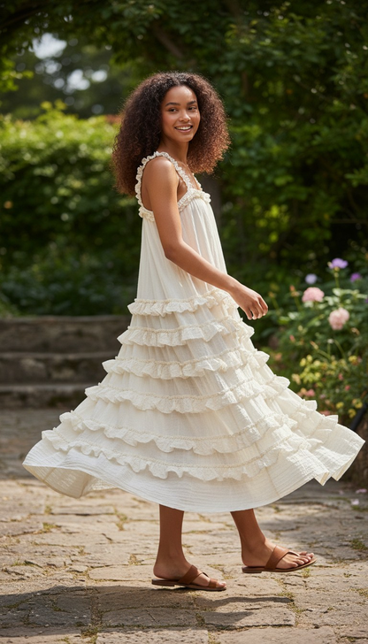 TD2700 Long Dress w. Elastic Ruffle Strap & Ruffled Layers