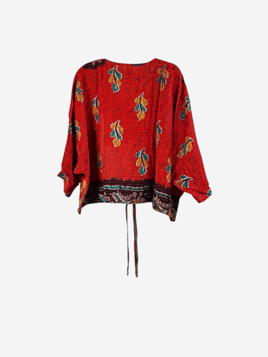 She Lives Beauty Sunrise Hana butterfly top in red vintage kantha cotton with colorful leaf print and tie detail.