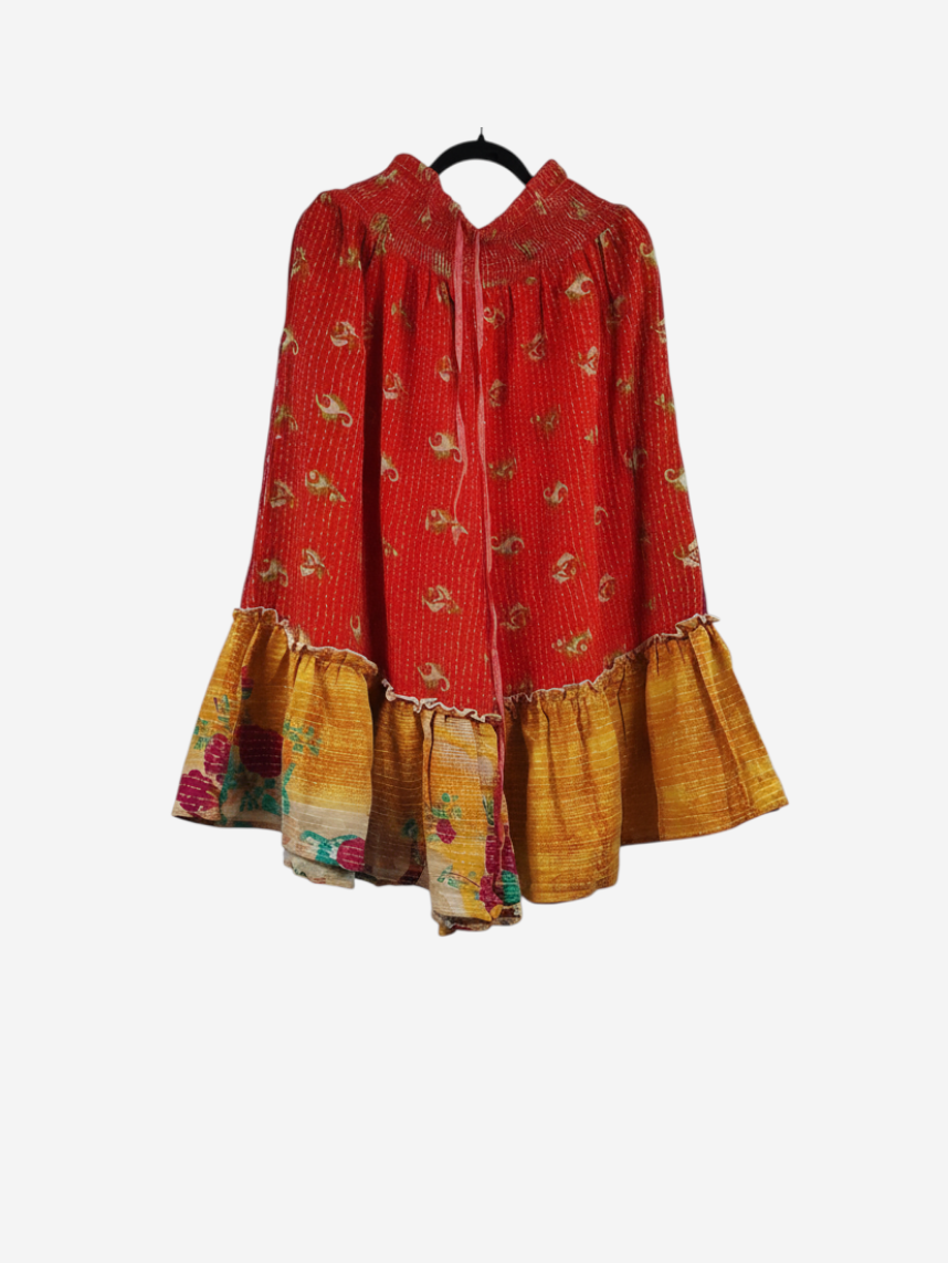 She Lives Beauty Anything for Selenas bloomers in red and gold vintage Kantha cotton with an oversized ruffle hem.