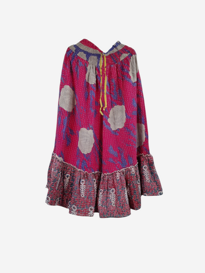 She Lives Beauty Anything for Selenas pants in pink vintage kantha cotton with a ruffled hem and elastic waistband.