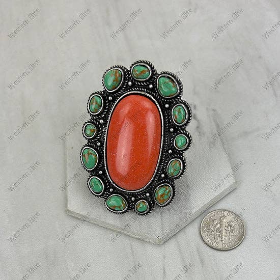 RGY260530-01-ORANGE-GREEN             Silver metal with orange and green turquoise stone oval Ring