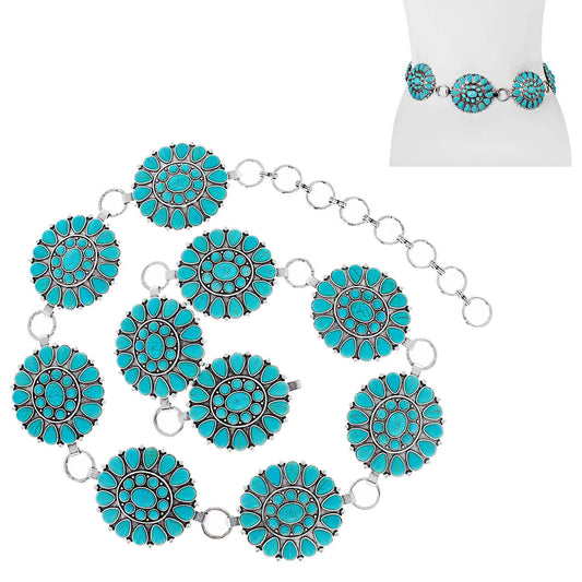 Western Style Synthetic Semi Stone Concho Chain Link Belt