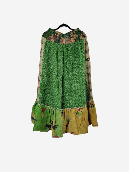 She Lives Beauty Anything for Selenas pants in green and yellow vintage kantha cotton with a ruffled hem.