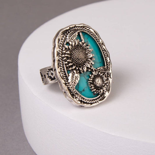Western Turquoise Sunflower Oval Stretch Ring