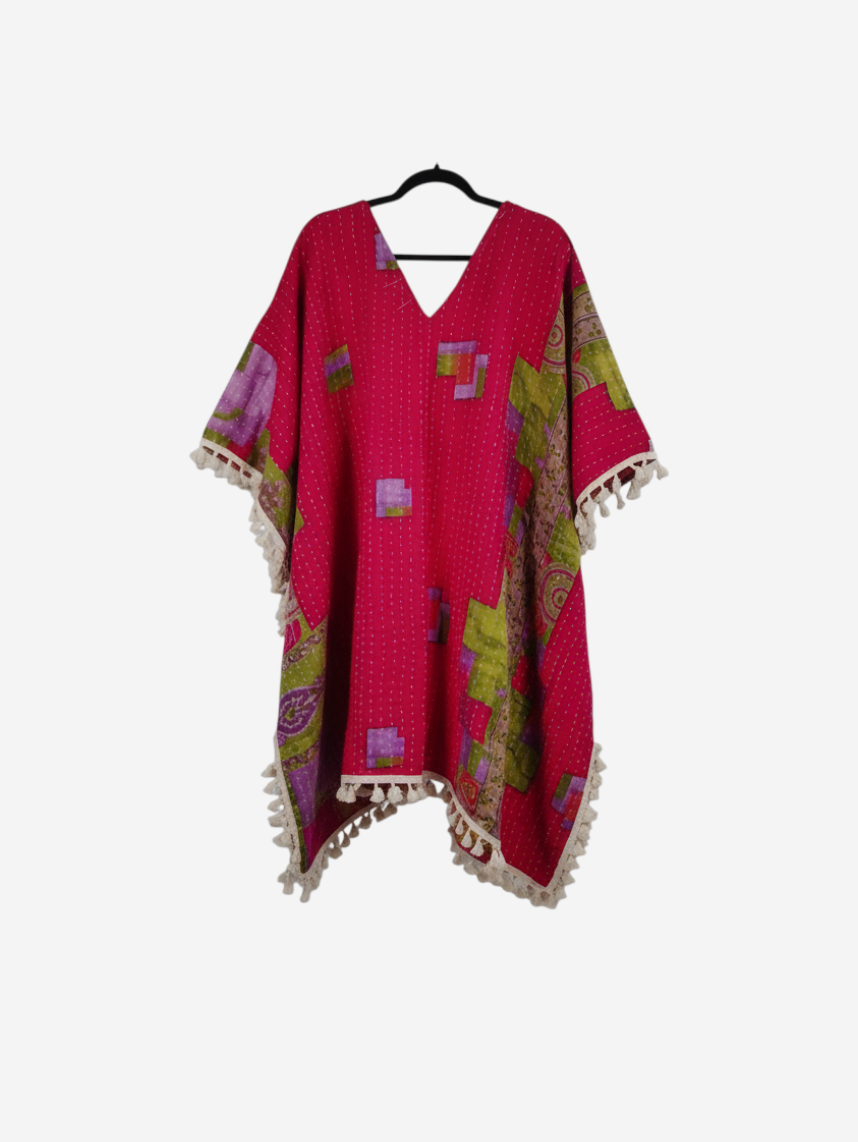 She Lives Beauty reversible pink and green vintage cotton kantha kimono with fringe trim and long sleeves.