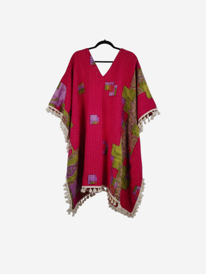 She Lives Beauty reversible pink and green vintage cotton kantha kimono with fringe trim and long sleeves.