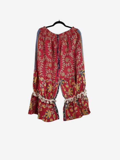 She Lives Beauty Heritage Whisper Kantha bloomers in red vintage cotton sari fabric with floral prints and lace trim.