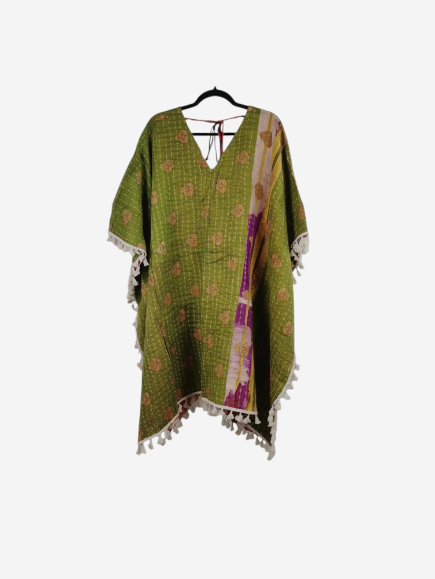 She Lives Beauty reversible green vintage cotton kantha kimono with fringe trim and long sleeves on a hanger