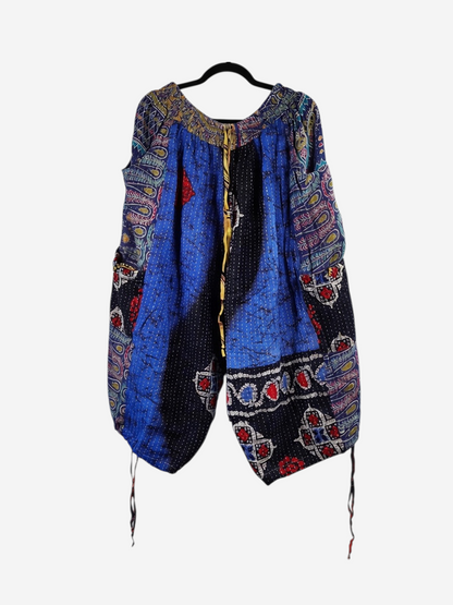 She Lives Beauty Roam Free capri cargo joggers made from blue vintage kantha cotton with colorful bohemian patterns.