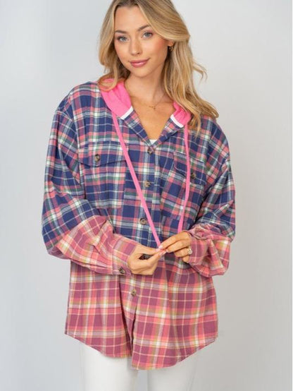 Blueberry Long Sleeve Plaid Hoodie in