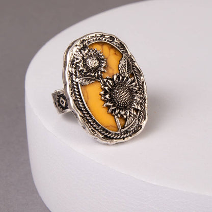 Western Turquoise Sunflower Oval Stretch Ring