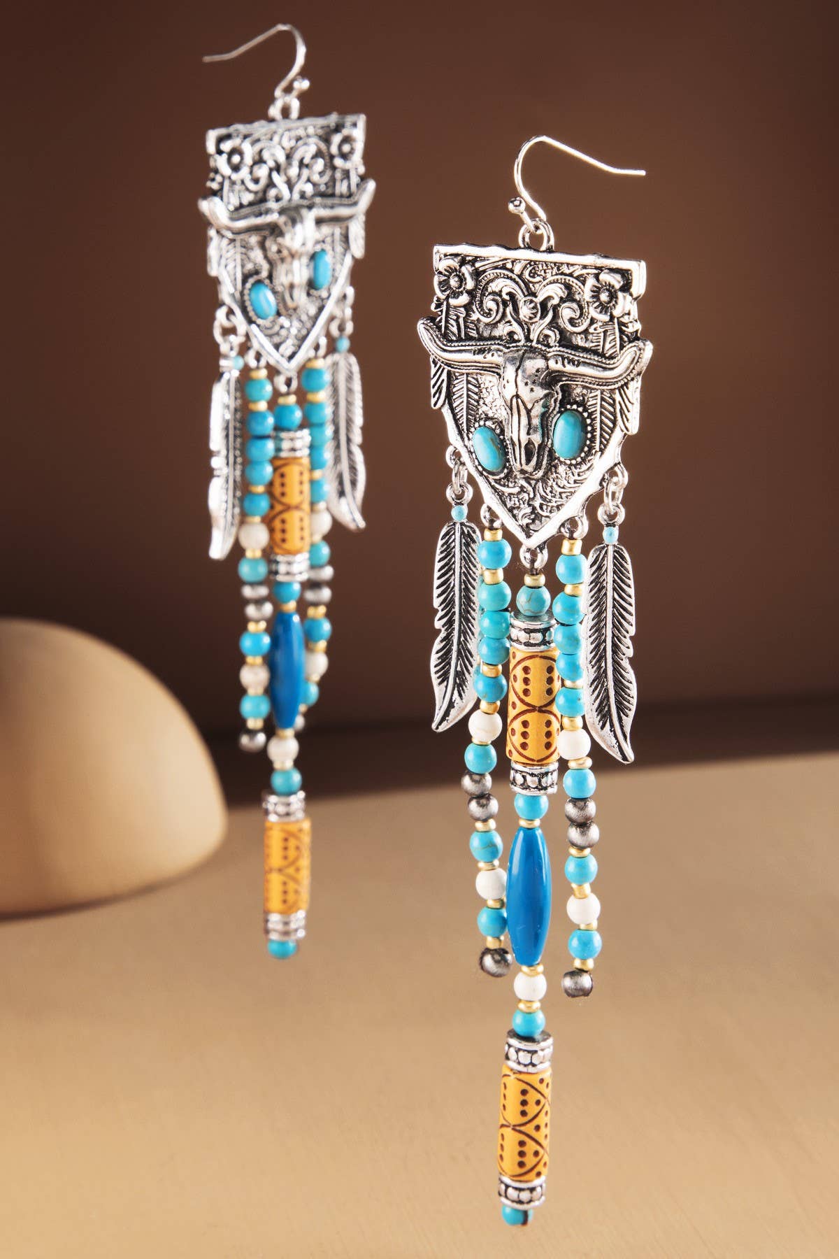 Western multi-Stone Steer Head Fringe Earrings