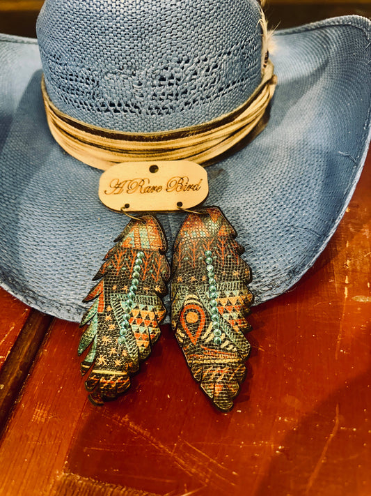 Aztec Leather Feather Earrings