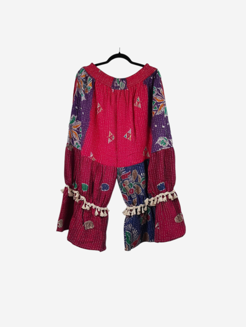 She Lives Beauty Heritage Whisper Kantha bloomers in patchwork vintage cotton with tassel trim and floral prints.