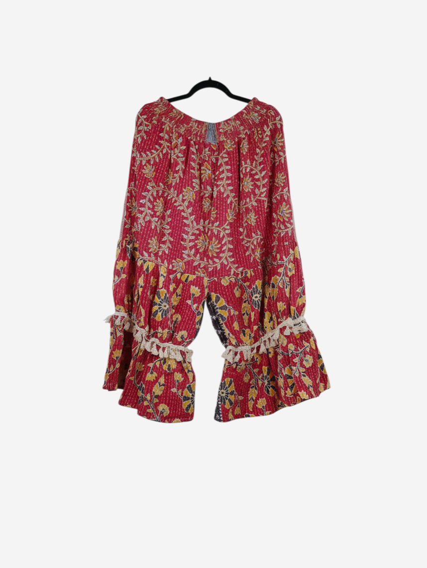 She Lives Beauty Heritage Whisper Kantha bloomers in red vintage cotton sari fabric with floral prints and lace trim.